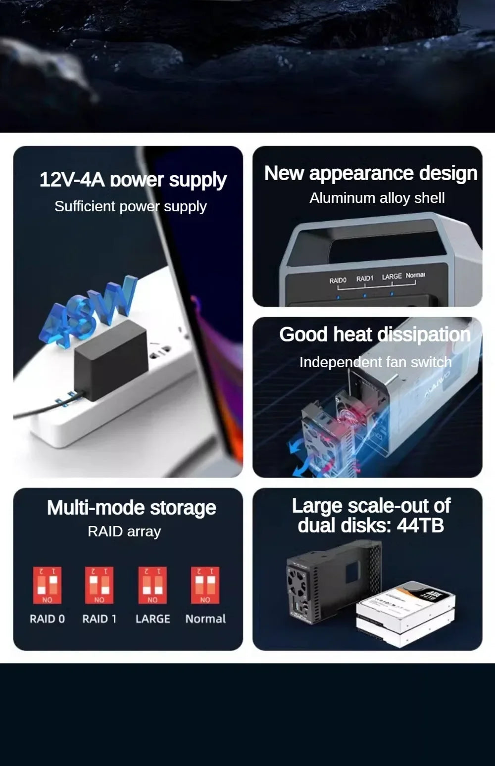 MAIWO 3.5 Inch Dual Bay External Hard Drive Enclosure – SATA Disk Array with 4 RAID Functions for 3.5 Inch HDD