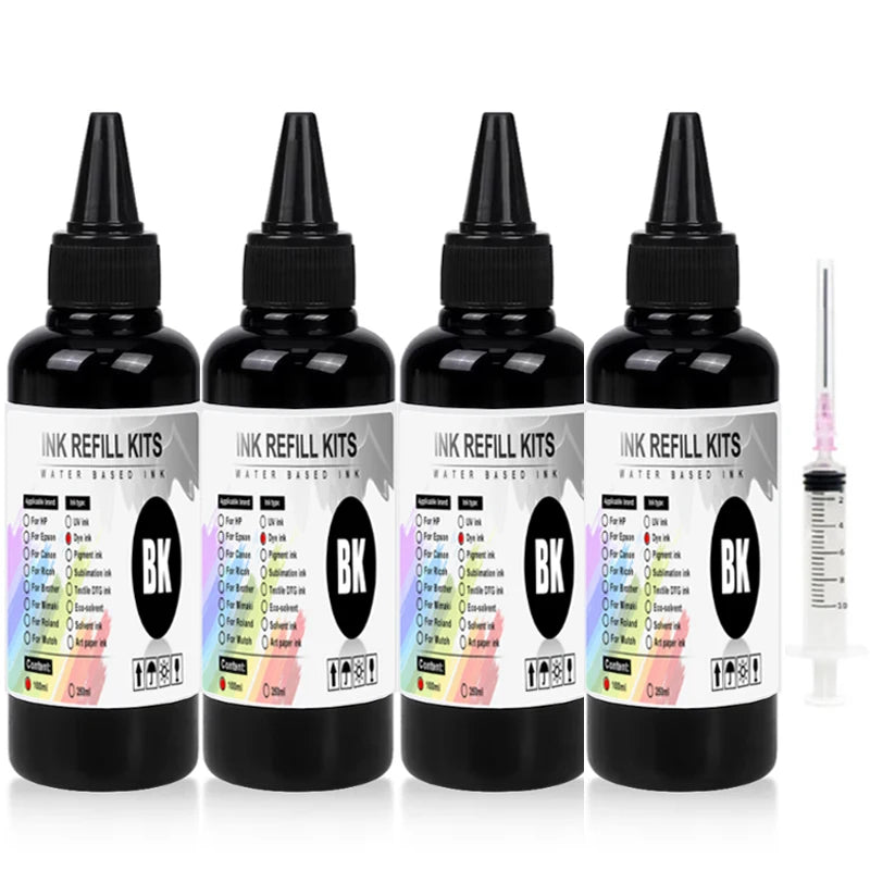 100ml Universal Dye Ink Refill Kit - BK CMY Compatible with HP Canon Epson Brother Inkjet Printers & CISS Cartridges