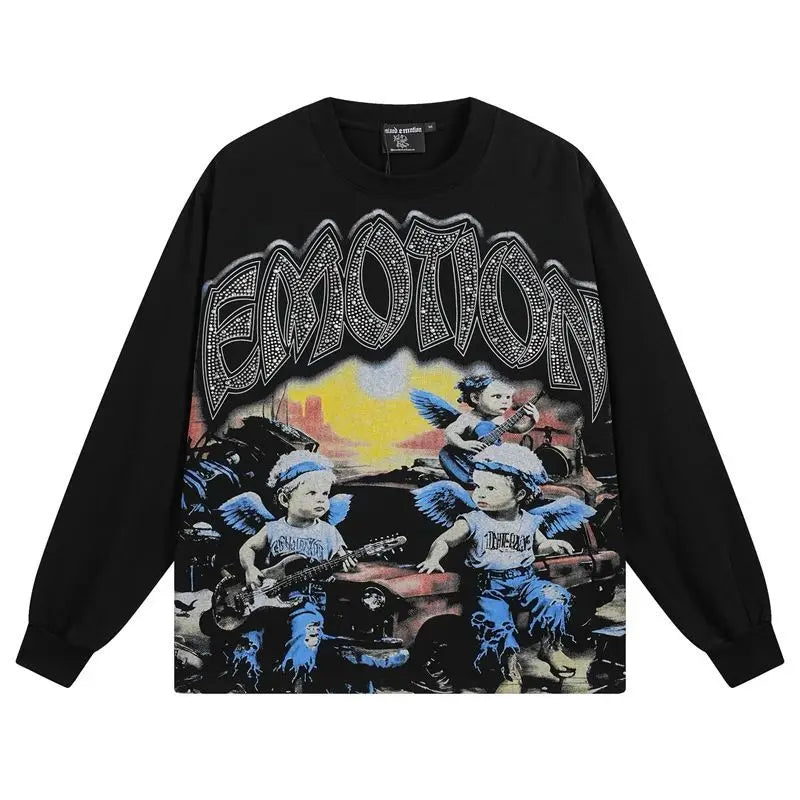 MIXED EMOTION Alien Print Long Sleeve T-Shirt - Unisex Oversized Hip Hop Crewneck Top
