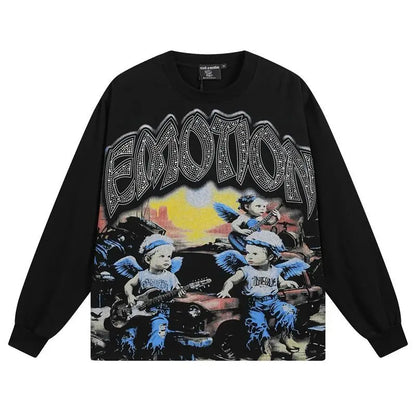 MIXED EMOTION Alien Print Long Sleeve T-Shirt - Unisex Oversized Hip Hop Crewneck Top
