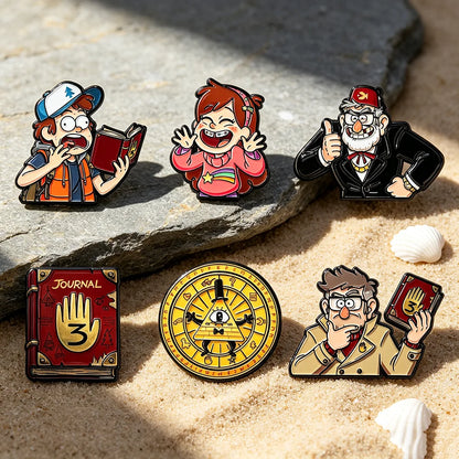 6-Piece Gravity Falls Enamel Pin Set - Cartoon Character and Bill Cipher Brooches for Backpacks, Clothing, Journals, and Collectors’ Gifts