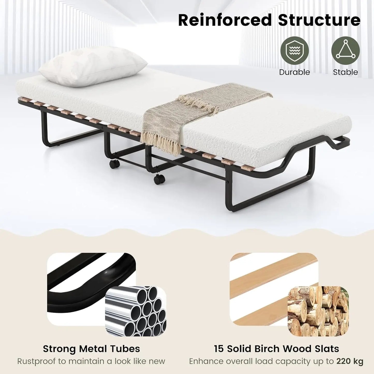 Foldable Rollaway Guest Bed with Memory Foam Mattress – 78.5”x31” Portable Metal Frame Bed with Wheels, Space Saving Folding Bed