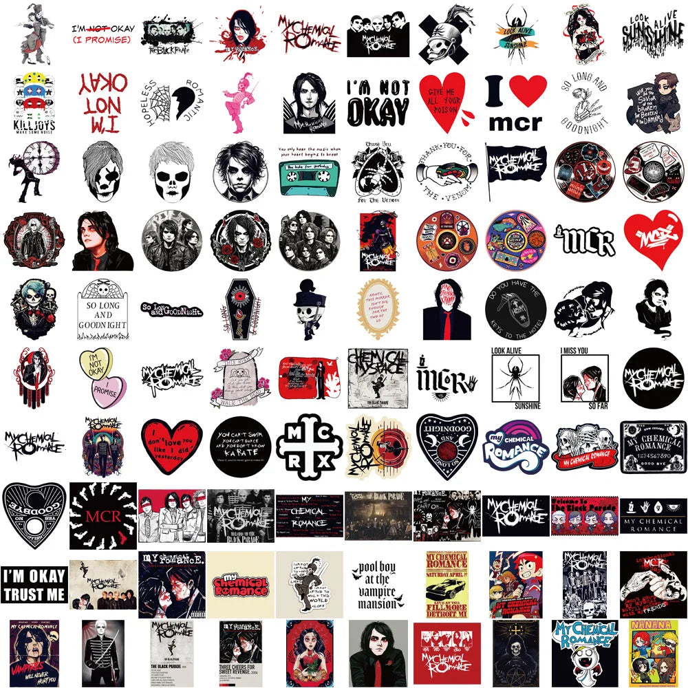 100-Piece My Chemical Romance Sticker Set - Waterproof Vinyl Decals for Laptops, Phones, Guitars, and Luggage