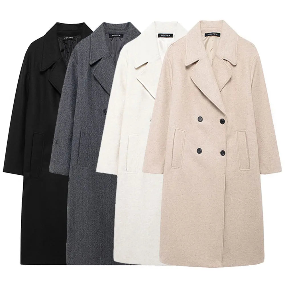 TRAFZA 2024 Women’s Autumn Loose Coat – Lapel Double-Breasted Long Sleeve Trench Jacket, Winter Warm Vintage Outerwear