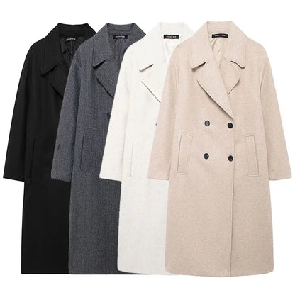 TRAFZA 2024 Women’s Autumn Loose Coat – Lapel Double-Breasted Long Sleeve Trench Jacket, Winter Warm Vintage Outerwear