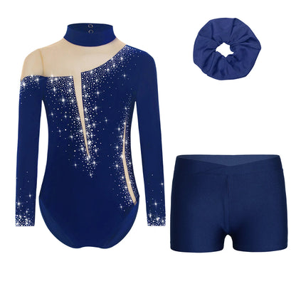 Kids Girls Long-Sleeve Ballet Leotard with Body Shorts & Hair Band — Gymnastics Dance Bodysuit