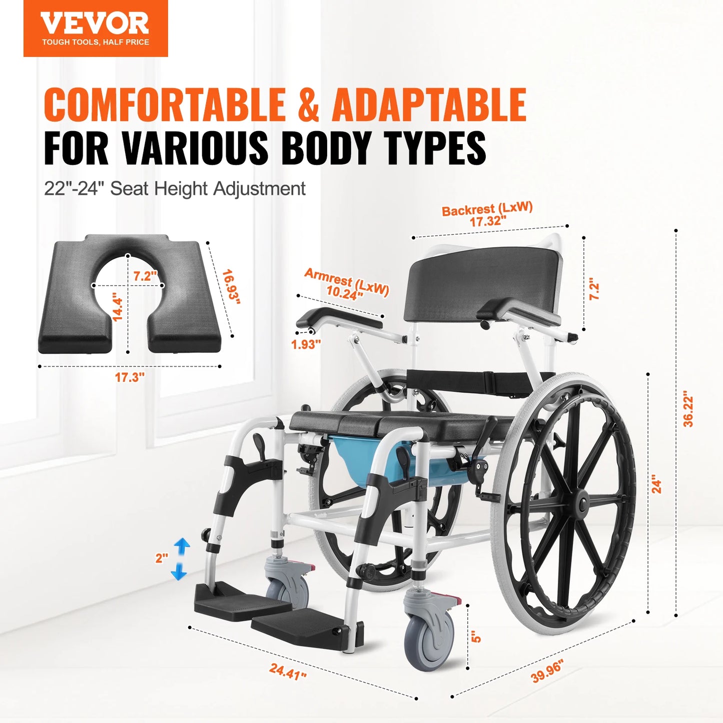 VEVOR 17.5in Shower Wheelchair – Adjustable Rolling Bathroom Chair for Disabled Adults, 300 lbs Capacity