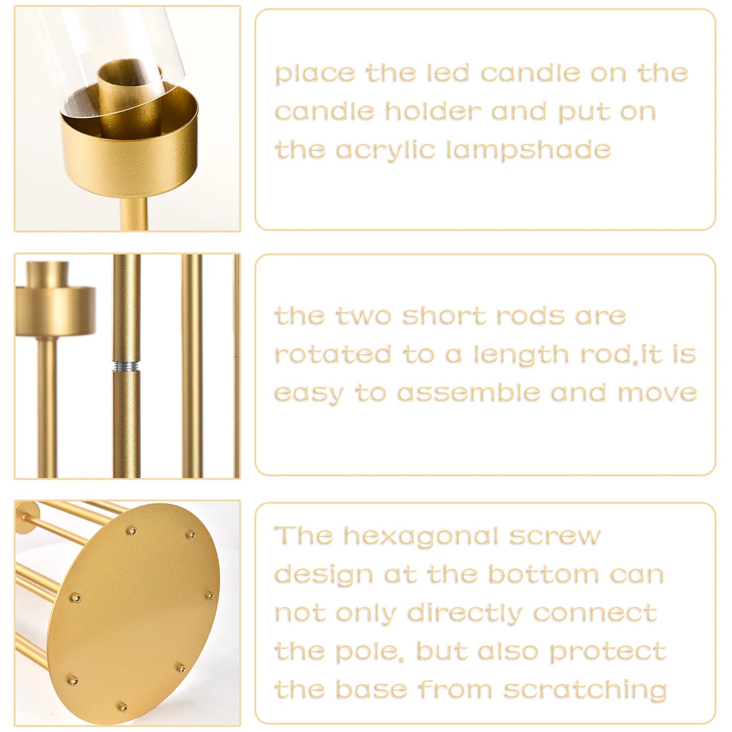 4 Sets 7-Arm Floor Candelabra – 48" Gold Metal Candlestick Holders with Removable Acrylic Lampshades, Wedding Centerpiece Decor