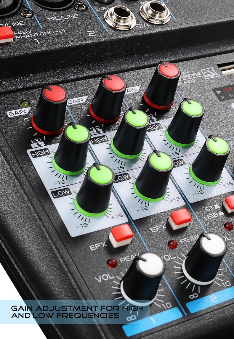 4 Channel DJ Mixer Console – Bluetooth, 48V Phantom Power, USB Audio Interface for Monitor & Karaoke System
