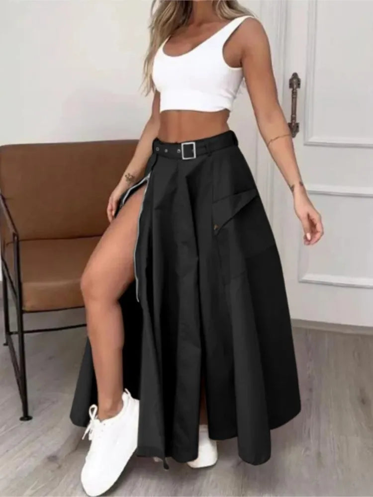 Women’s Summer High Waist Skirt Set – Solid Casual White Tank Top & High Slit Maxi Skirt with Belt and Pockets