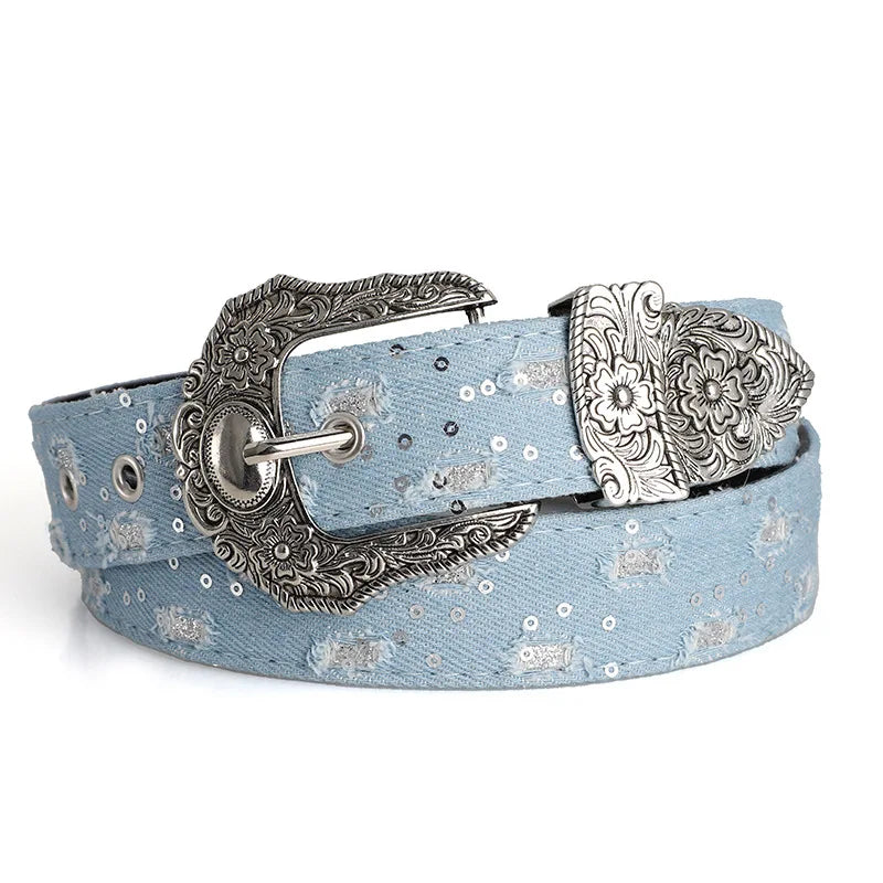 Rhinestone Buckle Belt - Retro Ripped Denim Punk Rock Fashion Accessory for Men & Women