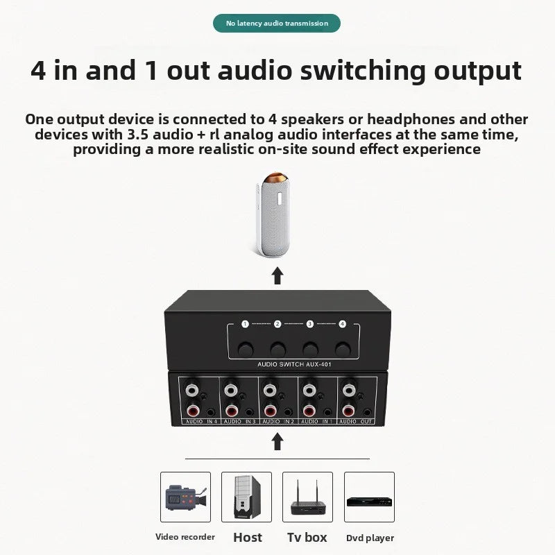 4-in-1 RCA AUX Audio Switcher - Passive Stereo Input Selector Box with 3.5mm & L/R RCA Output