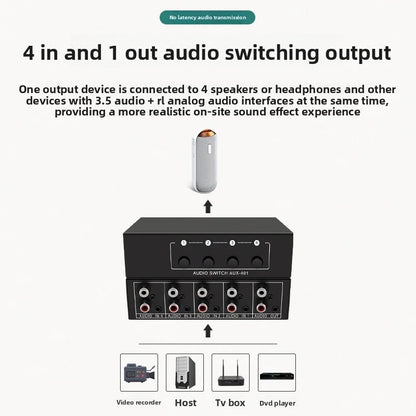 4-in-1 RCA AUX Audio Switcher - Passive Stereo Input Selector Box with 3.5mm & L/R RCA Output