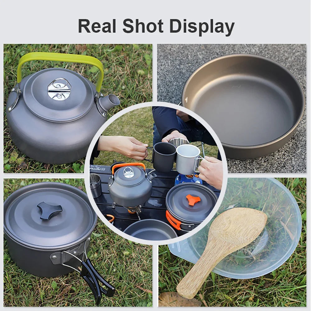 Camping Cookware Set — Non-Stick Cooking Pots, Teapot & Travel Tableware for 2-3 People, Outdoor Picnic Set