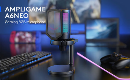 AmpliGame by FIFINE USB Gaming Microphone — RGB Condenser Mic with Gain Knob, Touch Mute for Streaming, Podcast, PC, Switch & PS5 A6NEO