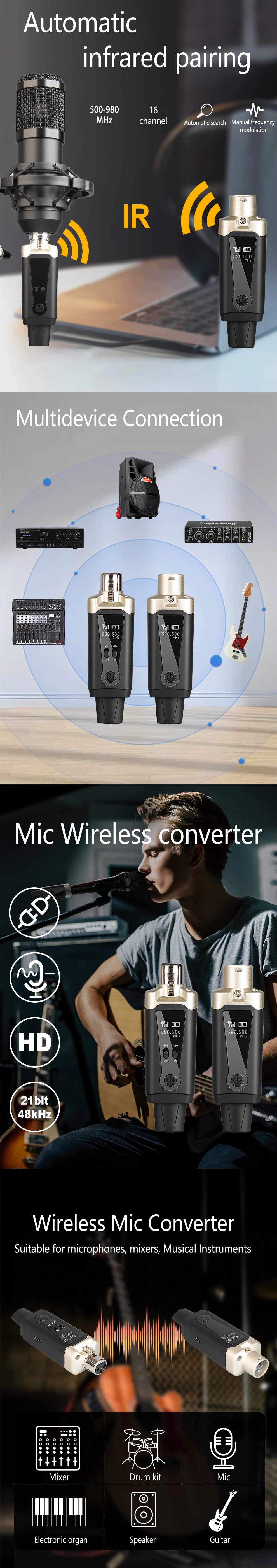 Wireless Microphone System - XLR Mic Converter Adapter with UHF Transmitter for Condenser & Dynamic Mics