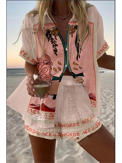 Women’s Summer 2-Piece Set – Lapel Short-Sleeve Shirt & Shorts, Elegant Loose Printed Outfit