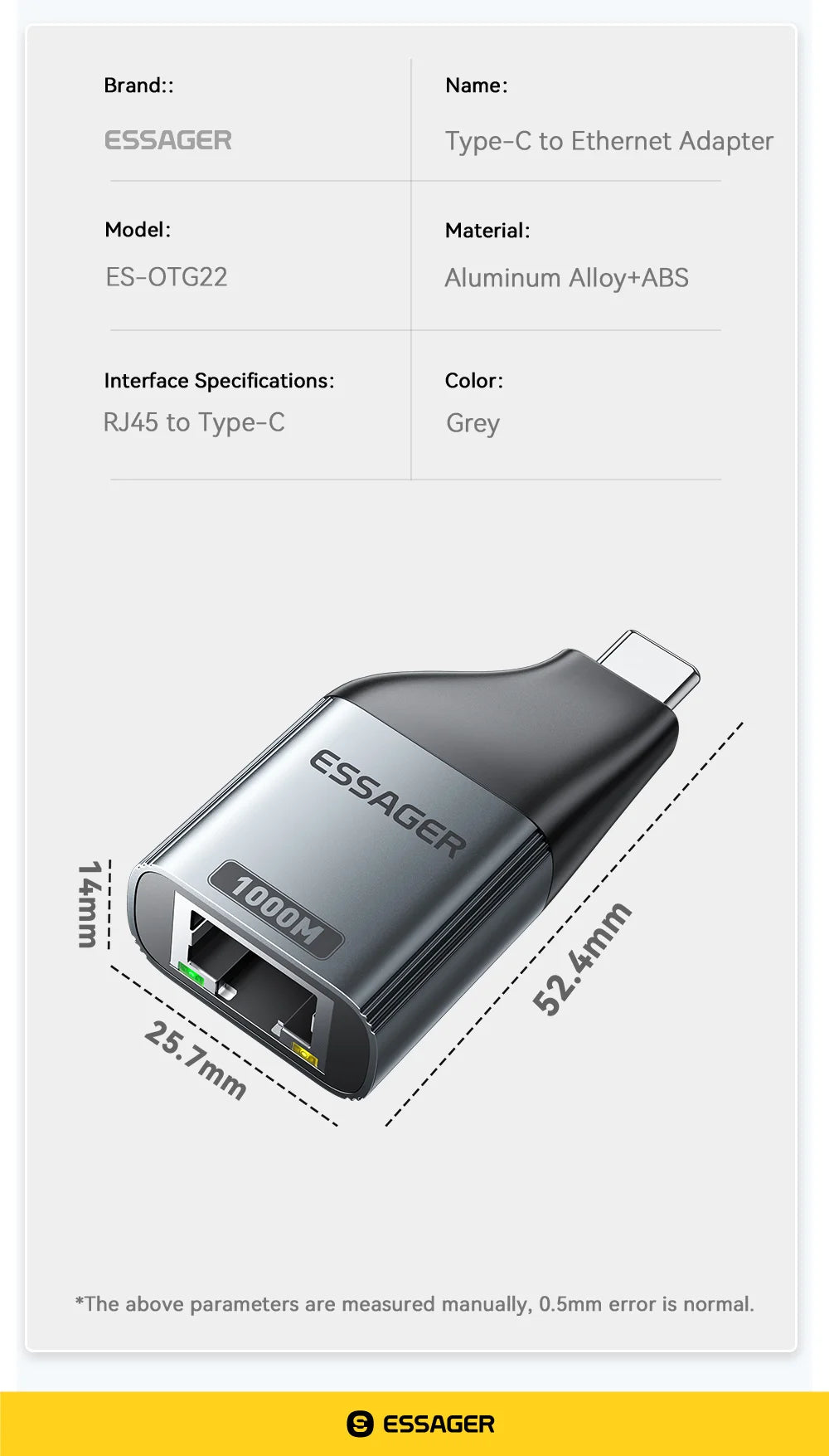 Essager Type-C to Ethernet Adapter – 100/1000Mbps Gigabit RJ45 to Type-C Adapter for MacBook, Laptop Wired Network Card