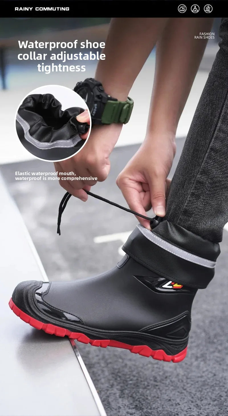 Men’s Ankle-High Fleece-Lined Rain Boots – Waterproof, Anti-Slip, Wear-Resistant Work & Fishing Shoes