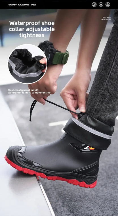 Men’s Ankle-High Fleece-Lined Rain Boots – Waterproof, Anti-Slip, Wear-Resistant Work & Fishing Shoes