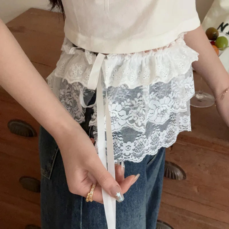 White Lace Irregular Skirt - Floral Mesh Decorative Hemline for Women’s Summer Jeans