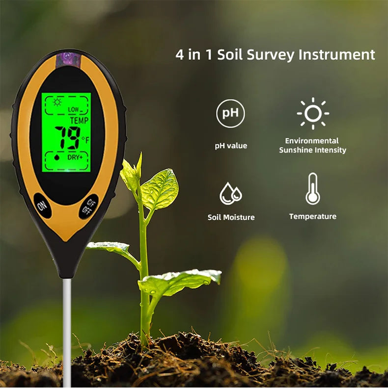 4 in 1 Soil Instrument - Illuminance, pH, Temperature & Humidity Test Detector with Digital Display and Backlight