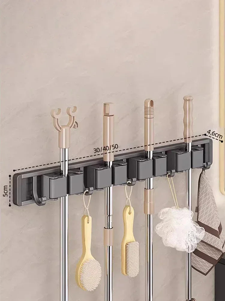 Wall-Mounted Mop & Broom Organizer — Strong Mop Holder Rack with 5 Hooks for Hanging Brooms and Cleaning Tools