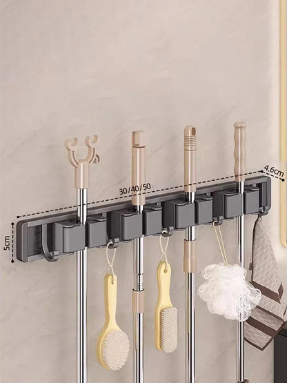 Wall-Mounted Mop & Broom Organizer — Strong Mop Holder Rack with 5 Hooks for Hanging Brooms and Cleaning Tools