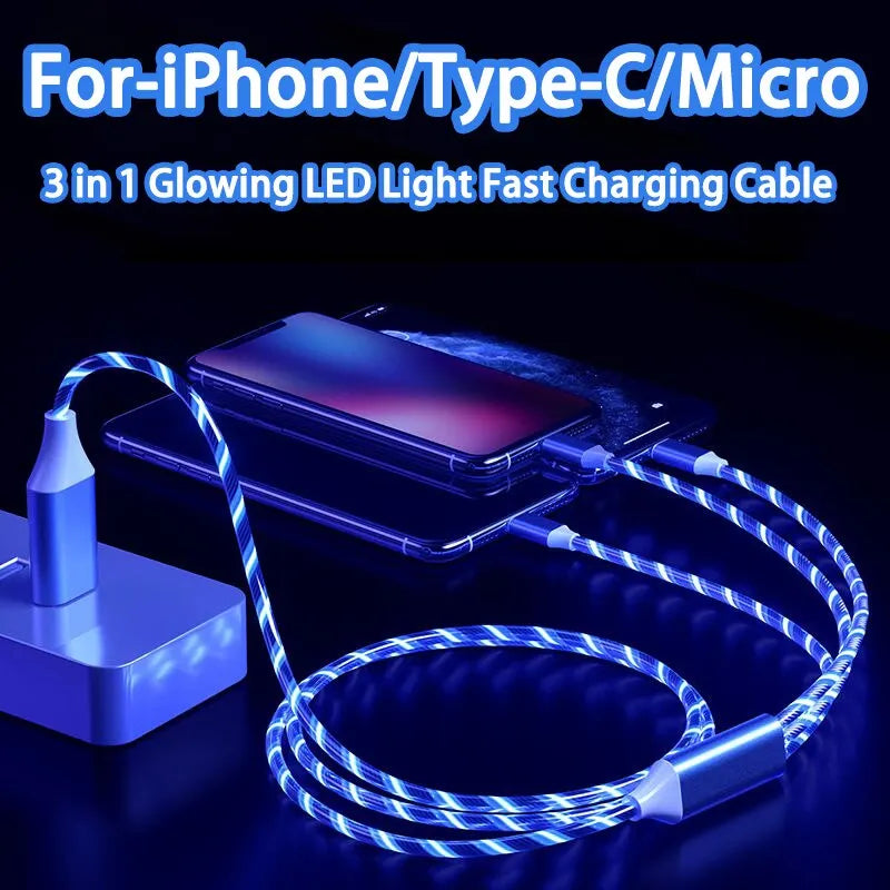 3-in-1 Glowing LED Light Fast Charging Micro USB Type C Cable: For iPhone, Samsung, Xiaomi, Redmi Phone Charger - USB Cable