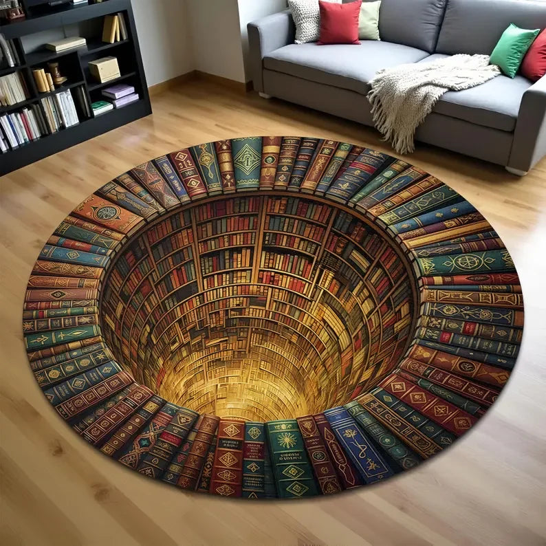 3D Fantasy Dragon Round Rug – Mystic Gothic Illusion Floor Carpet, Library Dragon Hole Design Home Decor Area Mat