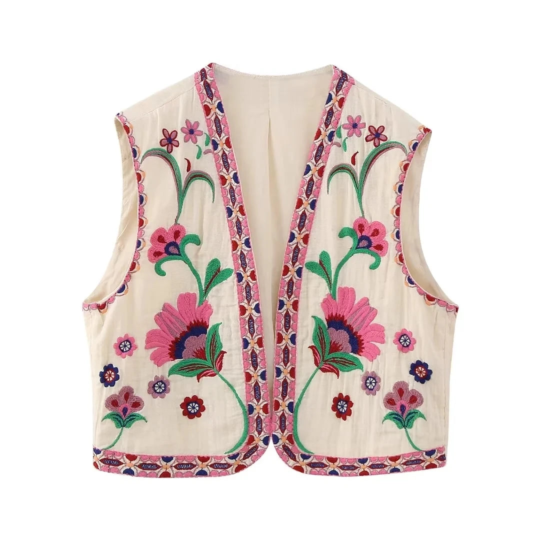KEYANKETIAN Women's Vintage Floral Embroidered Open Waistcoat – National Style Vest Jacket, Casual Vacation Crop Top