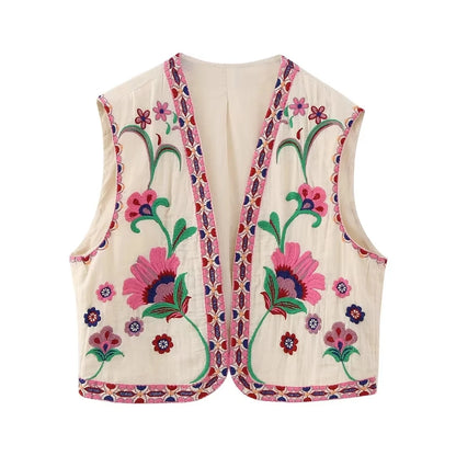 KEYANKETIAN Women's Vintage Floral Embroidered Open Waistcoat – National Style Vest Jacket, Casual Vacation Crop Top