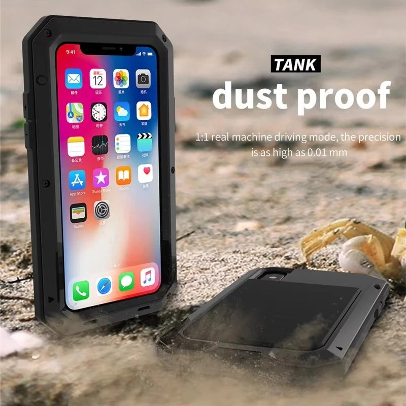 Heavy Armor Metal Rugged Case for iPhone 16/15/14/13/12/11 Pro Max/XR/XS/8 Plus – Shockproof Premium Cover with Gorilla Screen Protector