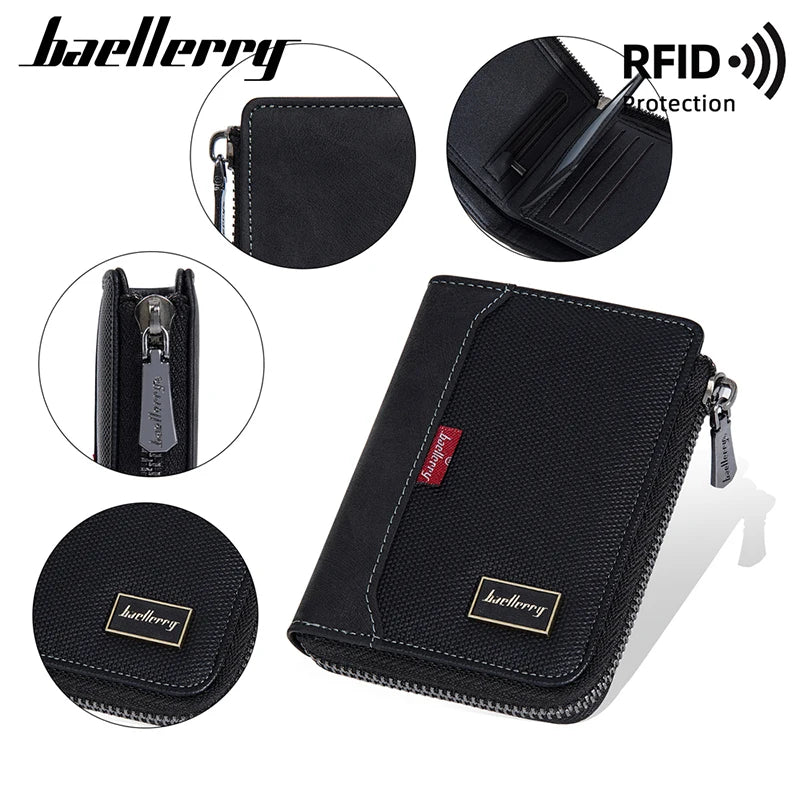 Baellerry RFID Short Men’s Wallet — Luxury Zipper Card Holder with Coin Pocket & Photo Slots