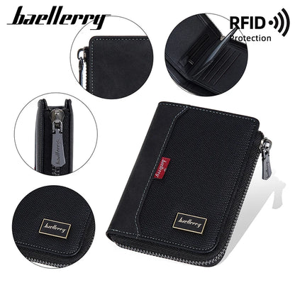 Baellerry RFID Short Men’s Wallet — Luxury Zipper Card Holder with Coin Pocket & Photo Slots