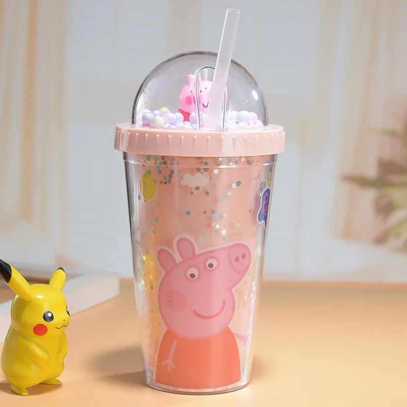 450ML Peppa Pig Plastic Water Bottle – Double-Layer Tumbler with Straw, George Pig Design, Gift for Girls