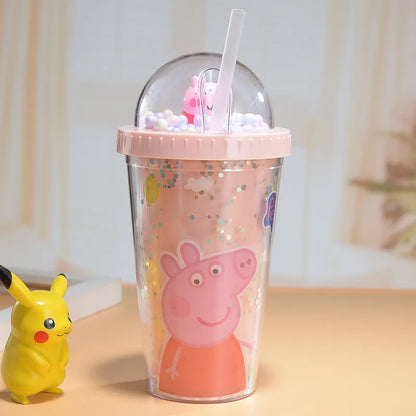 450ML Peppa Pig Plastic Water Bottle – Double-Layer Tumbler with Straw, George Pig Design, Gift for Girls