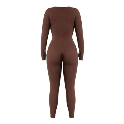 Women’s One-Piece Yoga Jumpsuit – Black Long-Sleeve Bodysuit, Sexy Streetwear & Casual Sportswear