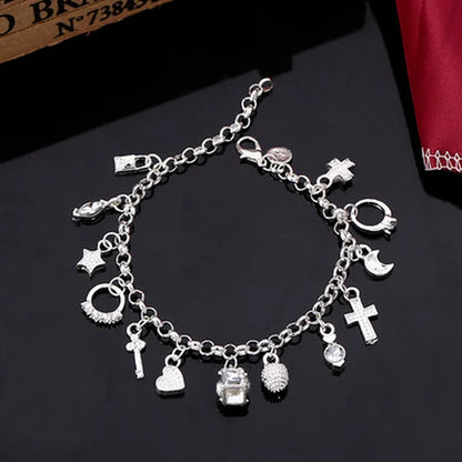 925 Sterling Silver 13-Piece Charm Bracelet – Fashion Pendant Chain Jewelry for Women & Teens