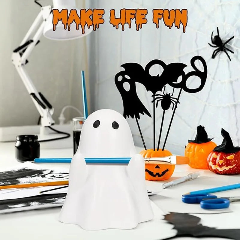 Cute Halloween Ghost Pen Holder – Little Ghost Statue Pencil Stand, Home & Office Desktop Decoration