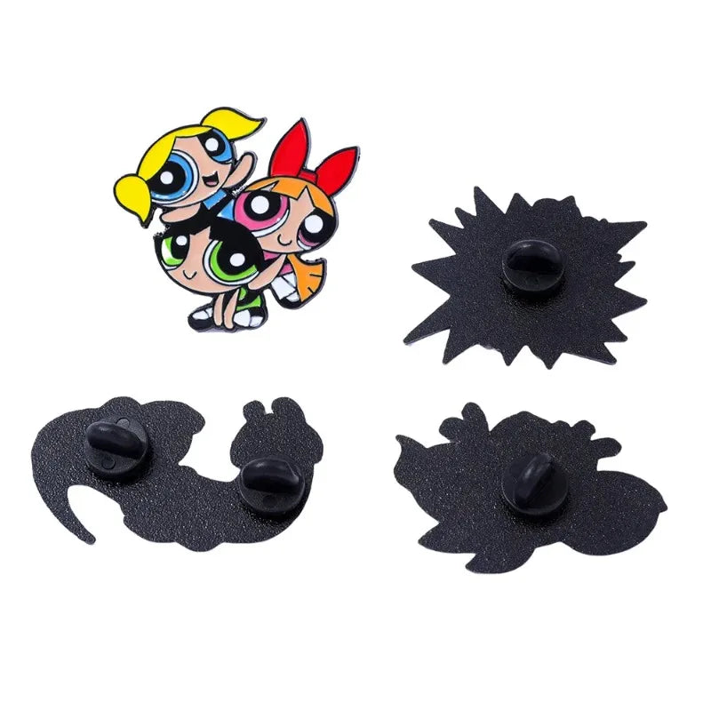 4-Piece Cartoon Anime Enamel Pin Set - Funny Blossom and Bubbles Metal Brooches for Backpacks, Clothing, and Gift Accessories