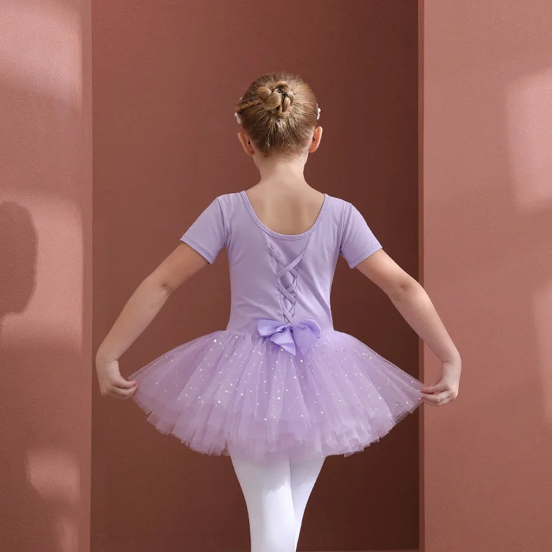 Girls Ballet Tutu Dress — Kids Short & Long Sleeve Tulle Leotard with Bowknot for Dance, Gymnastics & Party