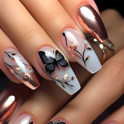 24pcs Blue Golden Stripe Press-On Nails Shiny Powder Long Square Full Cover False Nail Tips Wearable Love Design