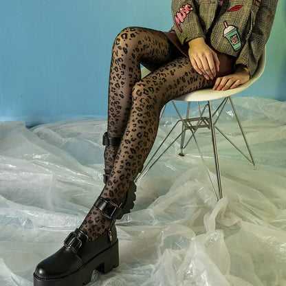 Vintage Gothic Sheer Pantyhose – Sexy Black Leopard Print Transparent Tights for Women