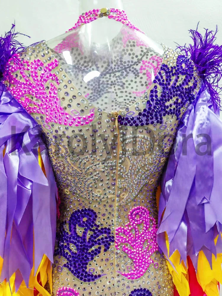 Colorful Feather Sleeve Rhinestone Bodysuit – Women’s Nightclub Party Dance Performance Costume