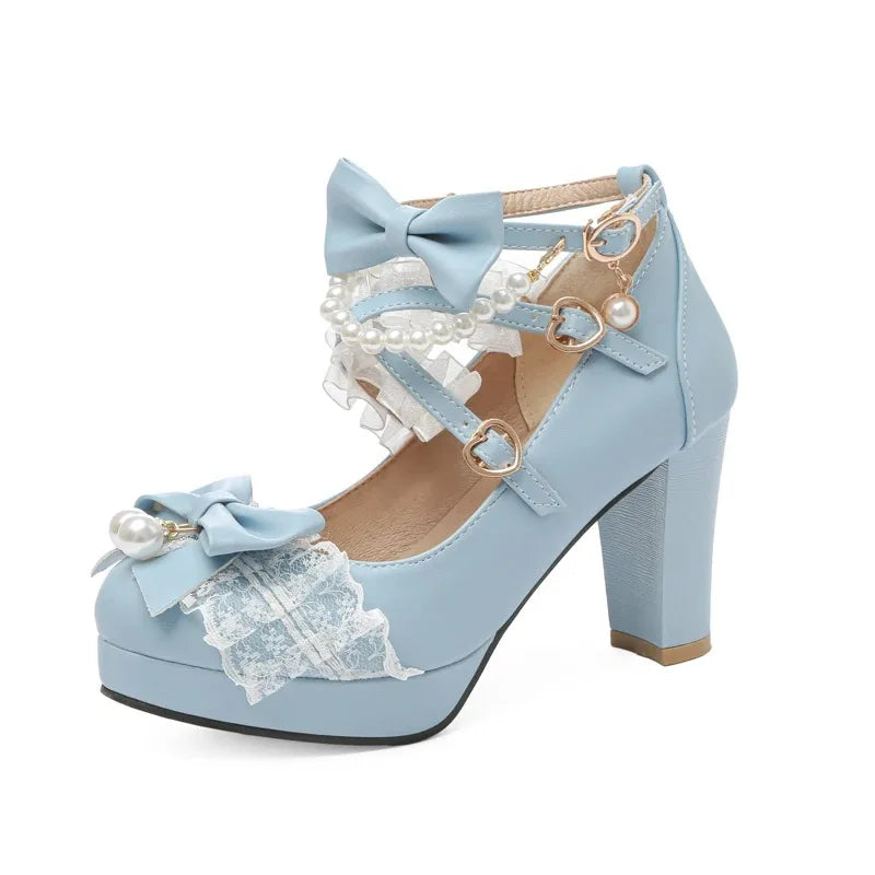 Women’s Cross Strap Mary Jane High Heels – Party, Wedding, Cosplay Lolita Pumps in White, Pink, Black, Strawberry Bow 2025