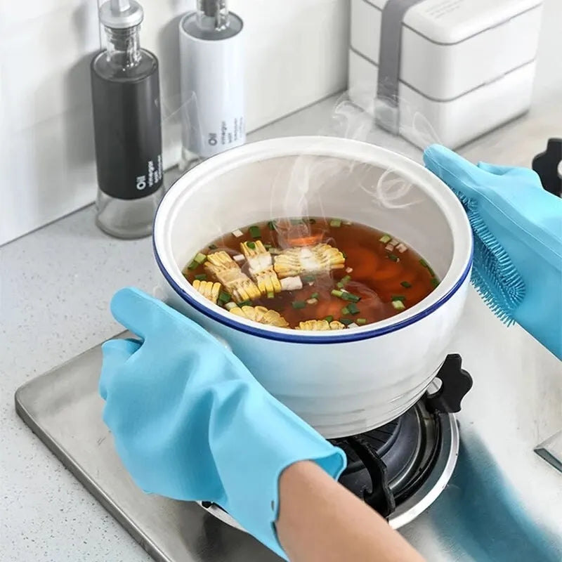 Magic Silicone Rubber Dishwashing Gloves - Household Kitchen Cleaning Tools with Built-in Sponge Scrubber - Durable and Versatile Cleaning Gloves