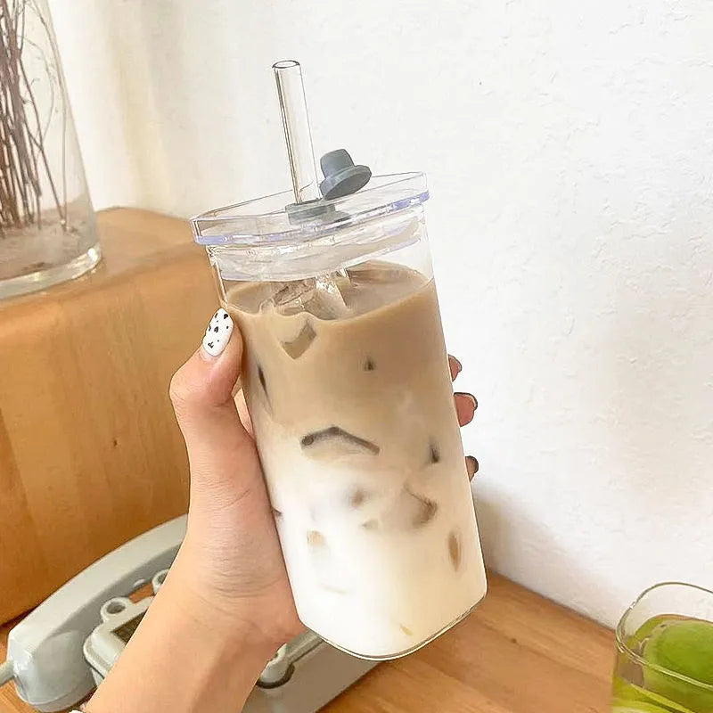 Square Heat-Resistant Glass Coffee Cup with Lid and Straw - Transparent Mug for Milk, Tea, Juice, Ideal for Home and Bar