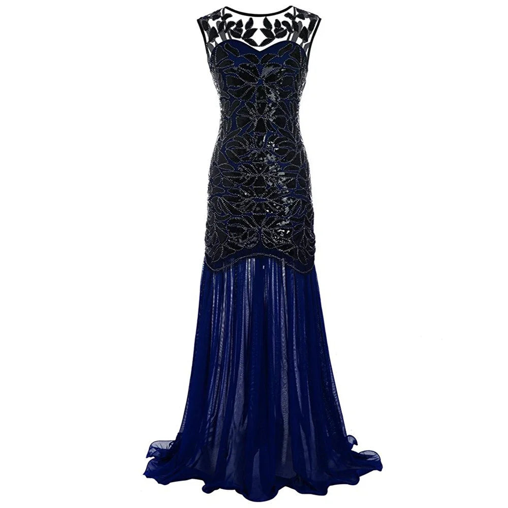 Women’s 1920s Great Gatsby Flapper Dress – Vintage V-Neck Sequin & Bead Long Mesh Maxi Party Prom Gown