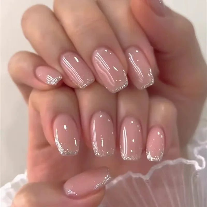 24Pcs Square Press On Nails - Nude White Gradient French False Nail Tips with Full Cover Short Design
